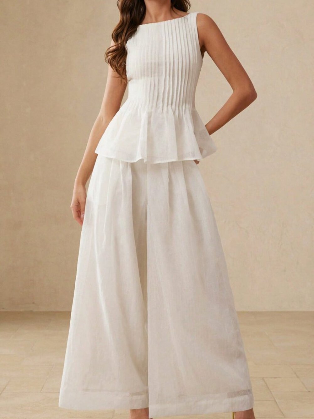 White Elegant Women's Striped Sleeveless Top with Umbrella Hem 2‑Piece Set